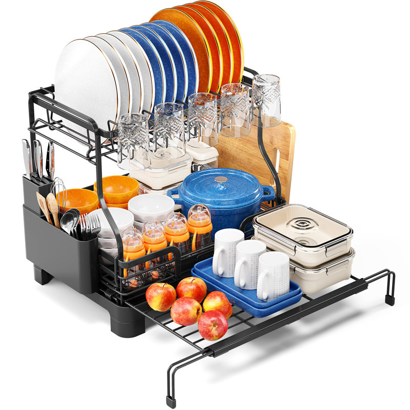 Extendable Dish Drying Rack, 2-Tier Stainless Steel Dish Rack, Large Expandable Dish Drainer Over Sink