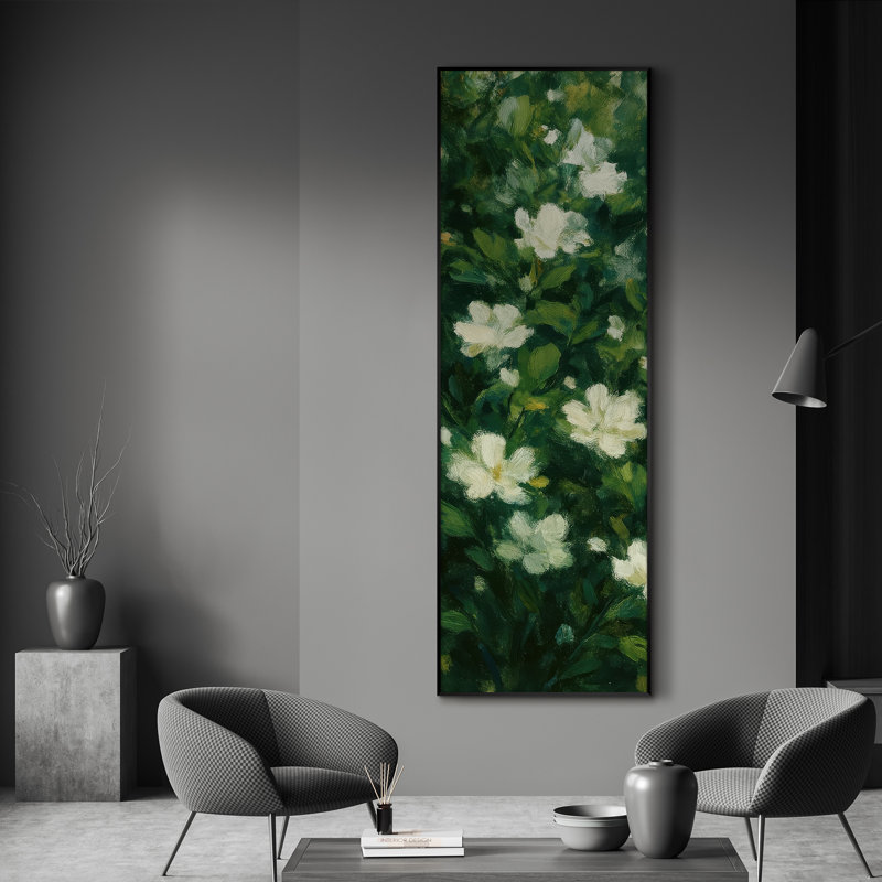 Très grande impression murale de jardin floral - fleurs blanches et feuilles vertes, décoration botanique pour le salon ou la chambre à coucher, assemblage requis