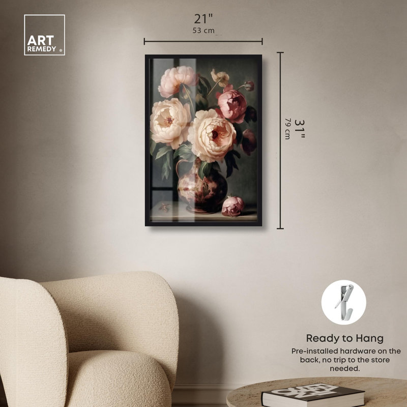 «Peony Rhapsody Shadowbox Print» par Art Remedy, H 31 po x l 21 po, Noir