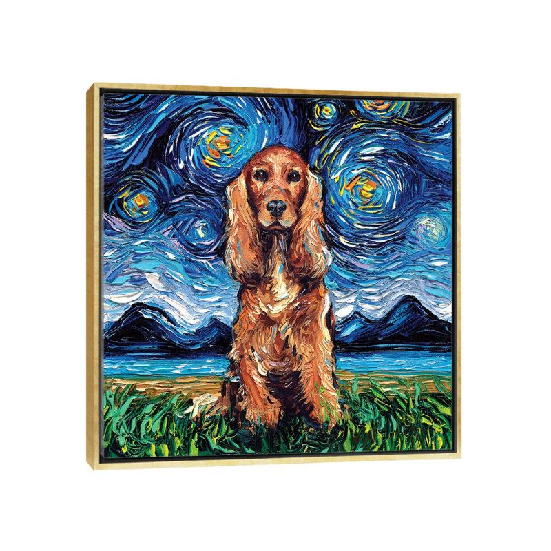 « Red Cocker Spaniel Night » par aja Trèves, reproduction d’art, H 37 po x l 37 po x P 1,5 po, Toile encadrée d'or