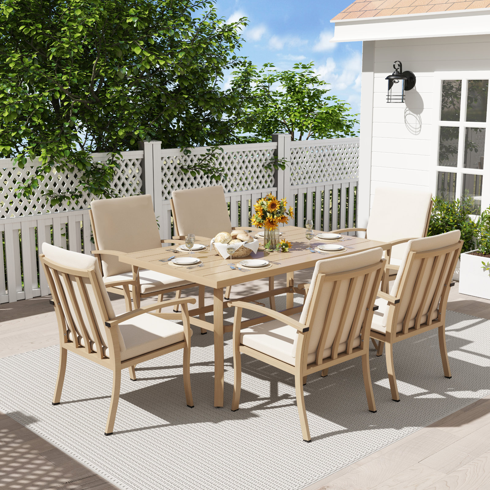 Willesden Rectangular Aluminum Dining Set with Cushions, 6, Beige
