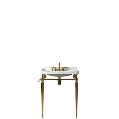 28" Bathroom Console Sink, White Ceramic Wall - Mounted Basin, 3 Pre Drilled Faucet Holes, Gold, Stainless Steel Support Structure With Towel Bar, High Performance, Easy To Clean, Scratch , No