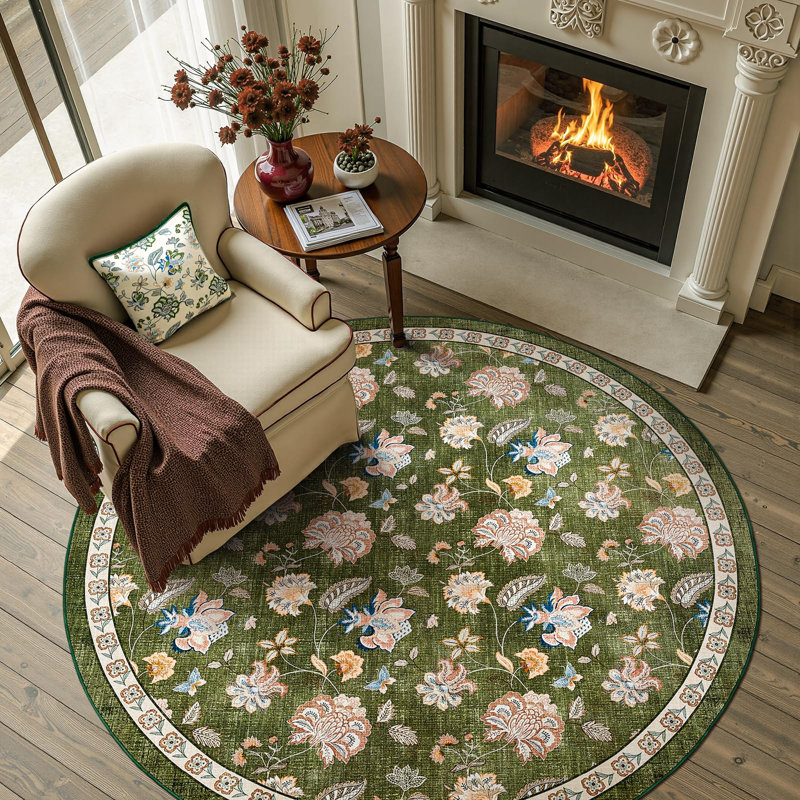 Chinoiserie Floral Rug Vintage Romance Design Washable Non-slip Green, Round 5', Green