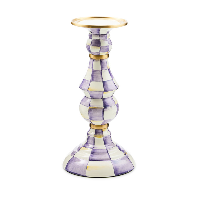 Violet Check Pillar Candlestick, 11'' H x 5.75'' W x 5.75'' D