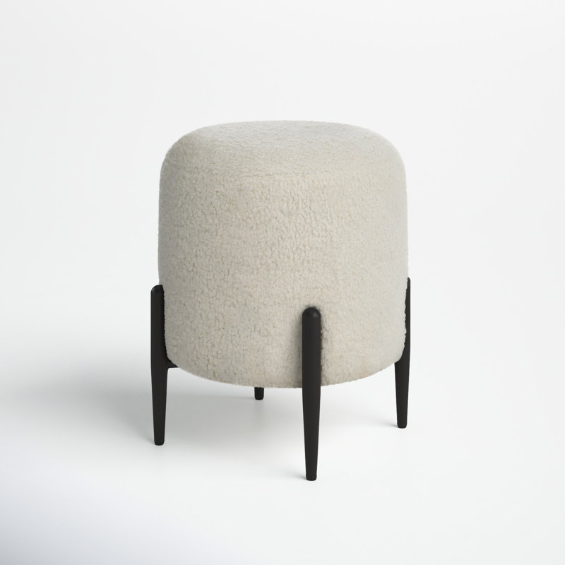 White Faux Shearling Round Ottoman with Black Metal Legs