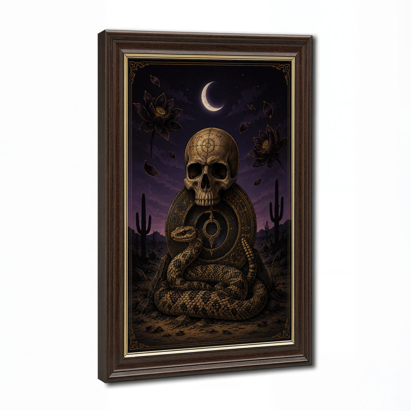 Impression sur toile, crâne doré et serpent enroulé dans la nuit du désert, H 18 po x l 12 po