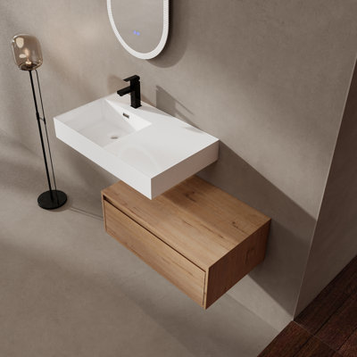 Meuble-lavabo mural de 30 po avec lavabo en résine décalé, tiroir à fermeture en douceur et design flottant