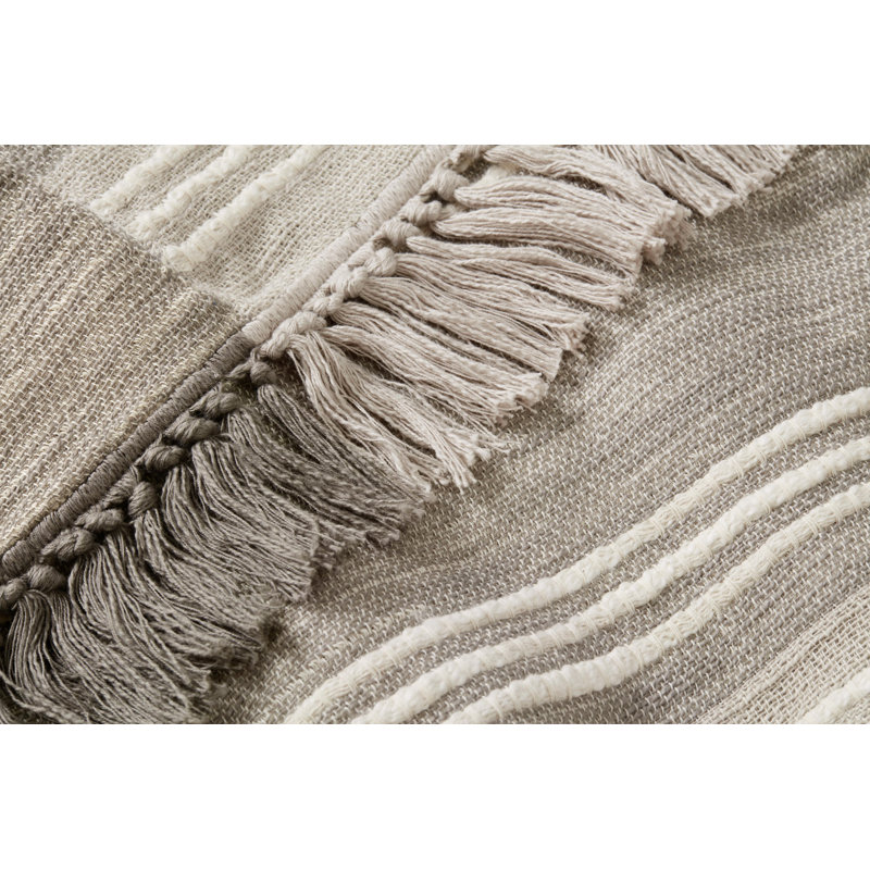 Grey and Ivory Cotton Striped Throw Blanket with Fringe