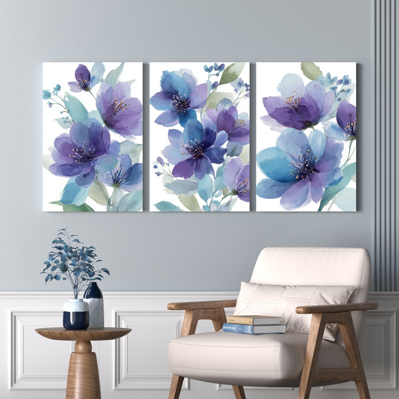 Aquarelle, fleurs bleues mauves, toile tendue, ensemble de 3 décorations murales pour salon, H 36 po x l 72 po
