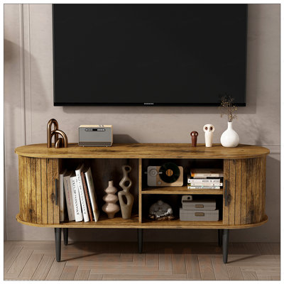 Meuble télé 47 po avec rangement et porte coulissante de style moderne Mid-Century pour salon