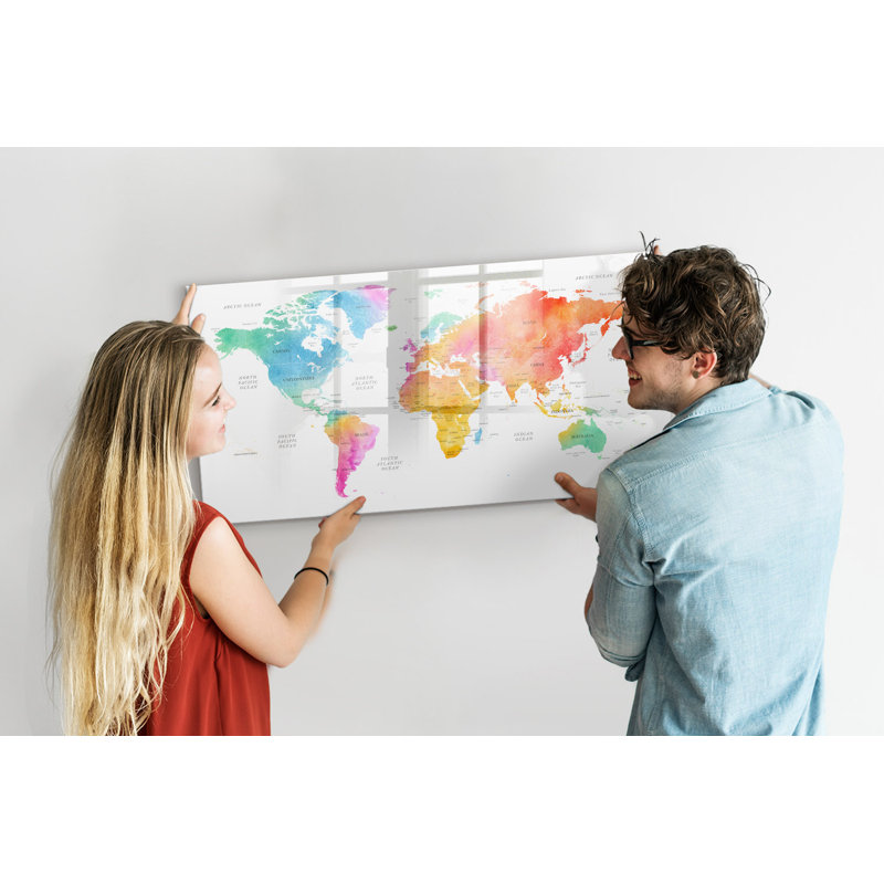 Watercolour World Map Magnetic Wall Mounted Dry Erase Board