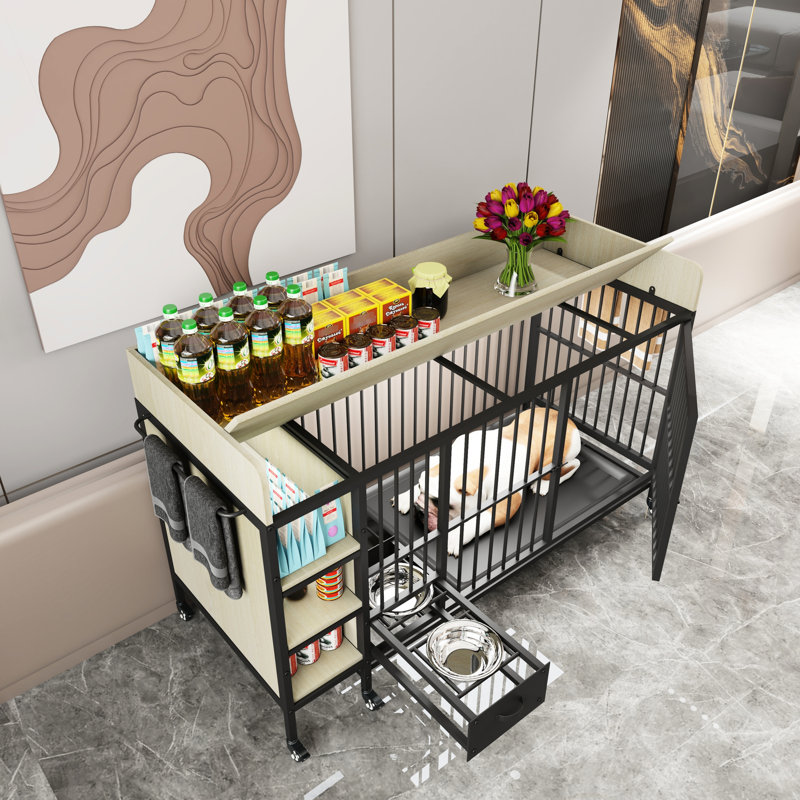 Cage pour animaux avec tiroirs et mouvement - structure en fer, noir + beige grande alimentation, Naturel