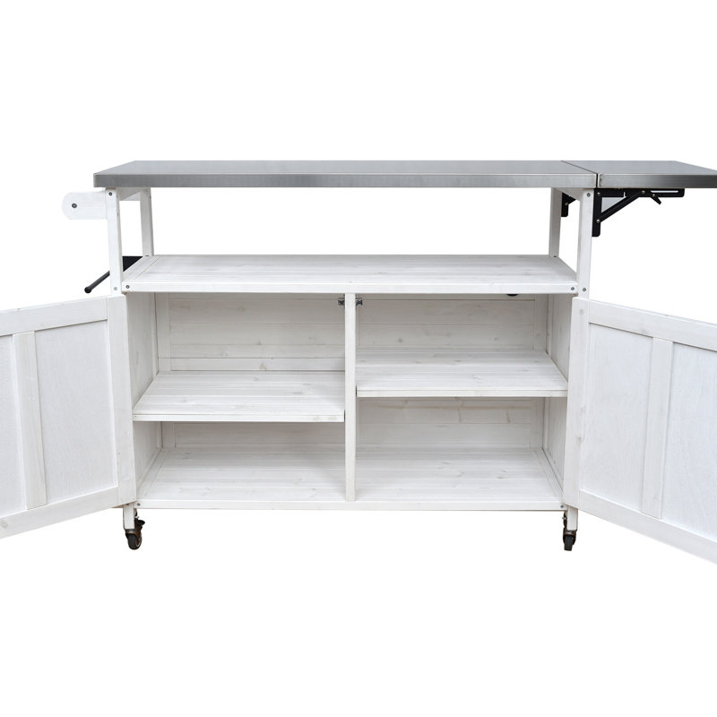 Îlot de cuisine portatif avec plateau rouille, structure en bois de sapin et tablette réglable, cuisine pliable blanche verrouillable, tablettes cachées, espace,