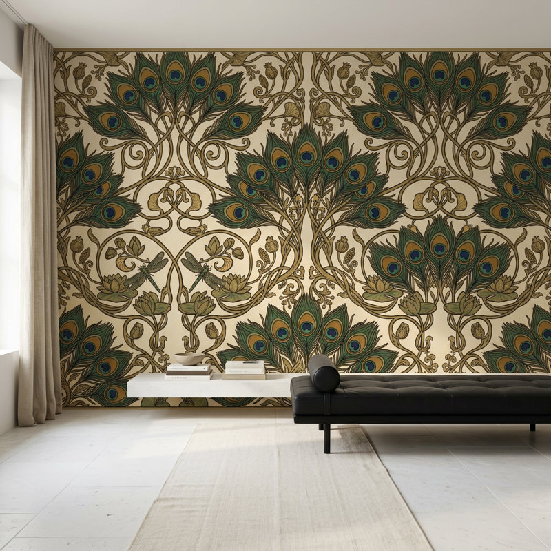Papier peint plumes de paon, vignes décoratives, décoration murale art déco, 100 po x 96 po, Texturé non collé