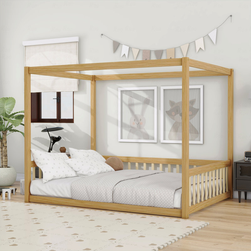 Lit en bois d'hévéa pour lit double avec clôture et garde-corps, Brun