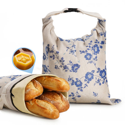 YARRAMATE Blue Floral Beeswax Linen Bread Bags, Reusable Zipper Food Storage Bags, 2 Pack, Freezer Safe Eco Friendly Sourdough Loaf Container