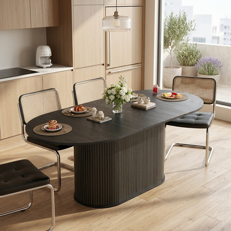Extendable Dining Table With Striped Legs, Black