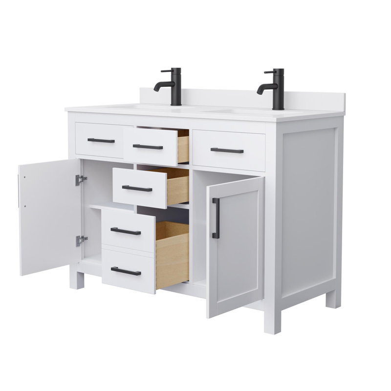 Beckett 48" Freestanding Double Bathroom Vanity with Cultured Marble Top, White, White Cultured Marble, Matte Black