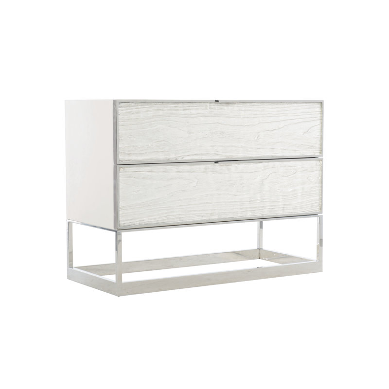 Parkhurst 2 - Drawer Stainless Steel Nightstand in Sheen White Lacquer/Silver Leaf