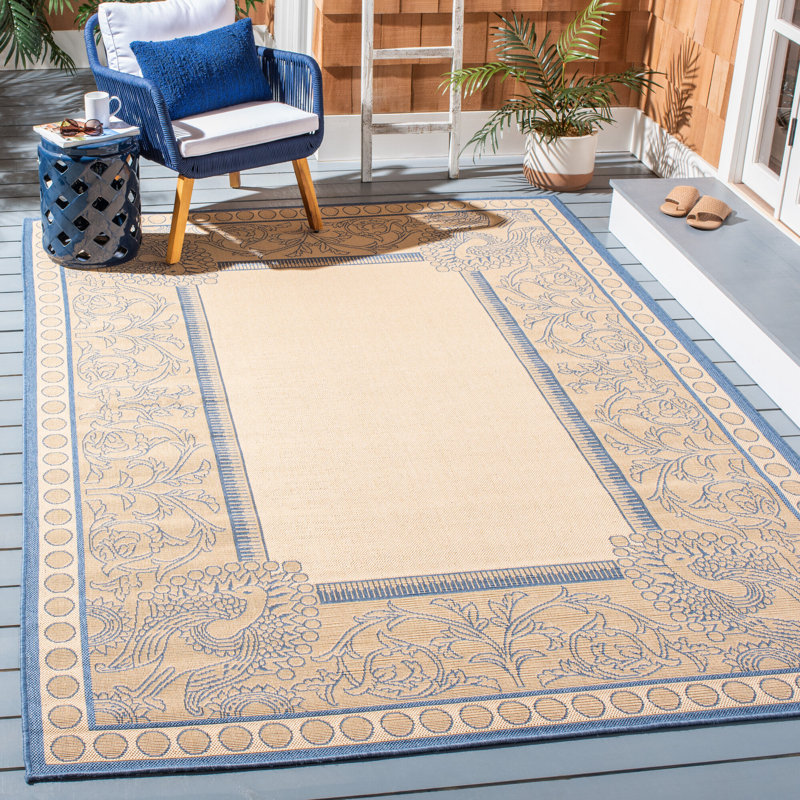 Natural and Blue Synthetic Rectangular Outdoor Rug