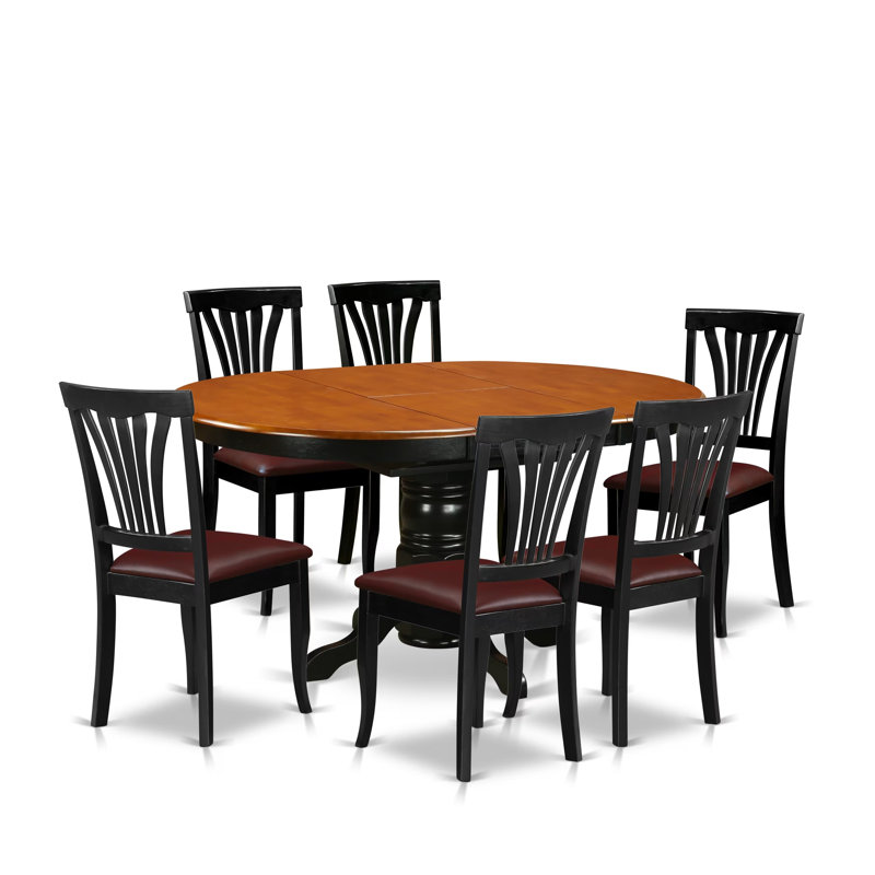 Ensemble de table de salle à manger 7 pièces composé d'une table de salle à manger ovale avec rallonge papillon et 6 chaises rembourrées en similicuir, 42 x 60 pouces, noir et cerise