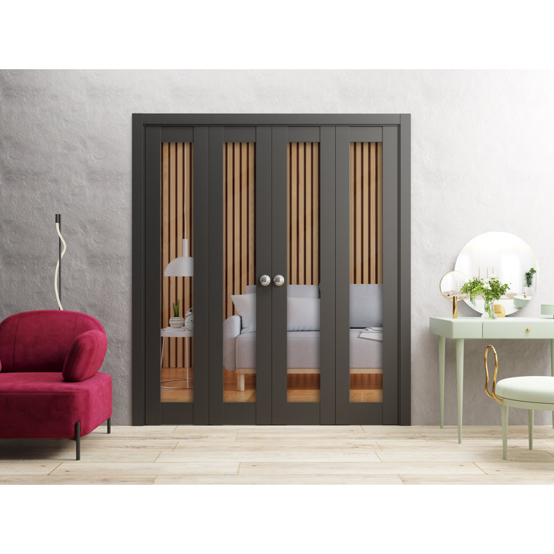 Portes coulissantes doubles pliantes pour placard 96 po x 80 po (4 x 24 x 80 po) Lucia 2166 Noir mat avec verre transparent, rails robustes, moulures, garnitures, quincaillerie, portes de placard de chambre en bois massif