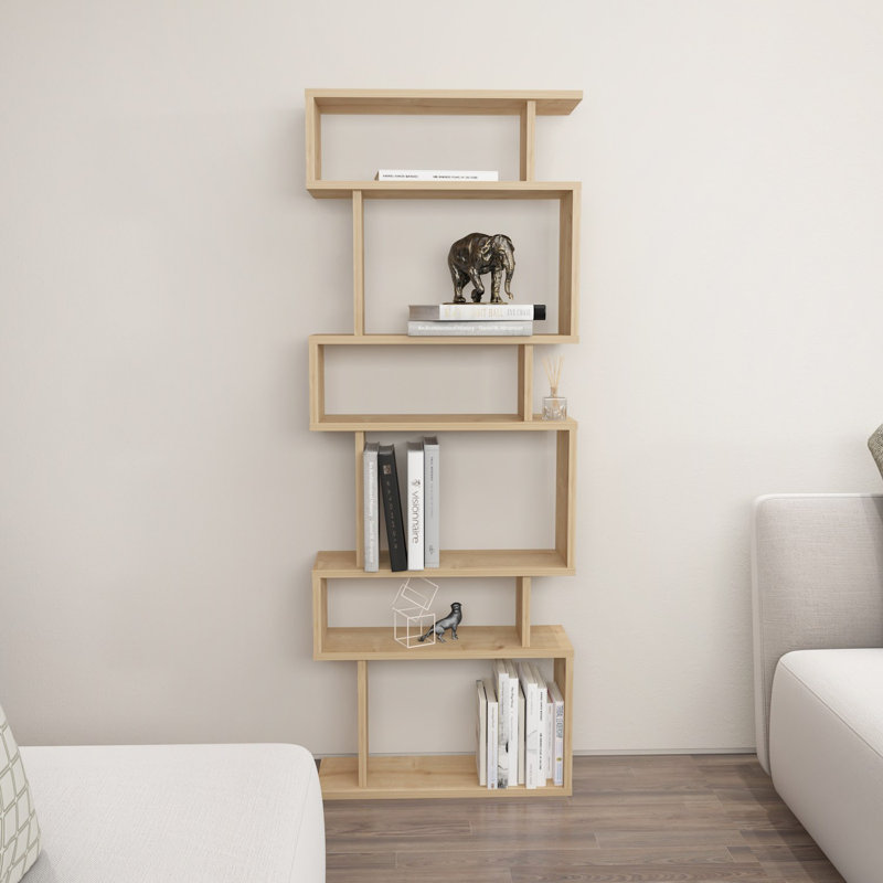 Tovan Modern Geometric Open Shelf Bookcase with Asymmetrical Design, Oak