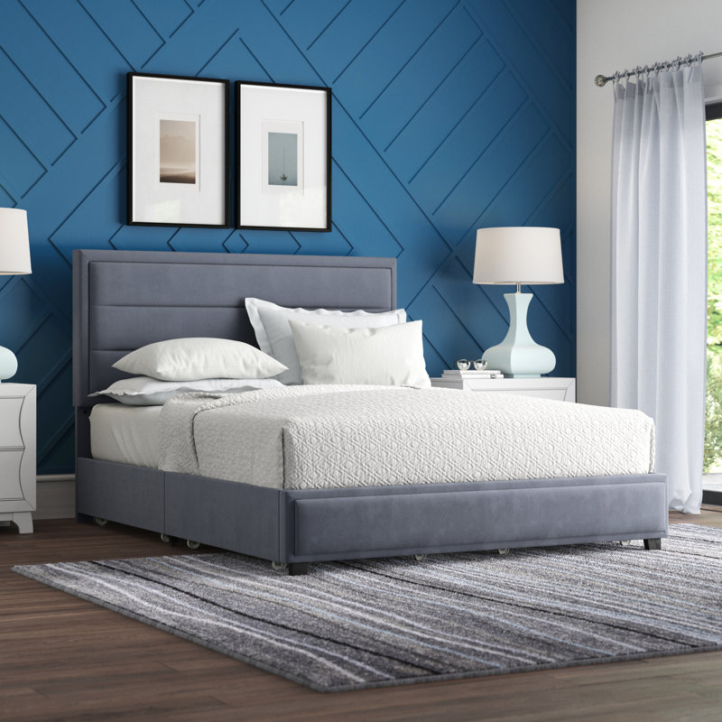 Lit plateforme tapissier avec rangement, Double, Gris