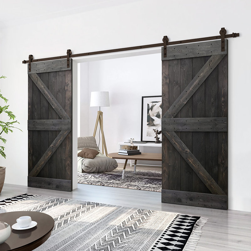 Porte de grange double à panneaux en bois teinté K Series avec ensemble de quincaillerie coulissante, Noir anthracite
