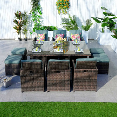 10 - Person Wicker Patio Dining Set with Rectangular Table , Cushions Included