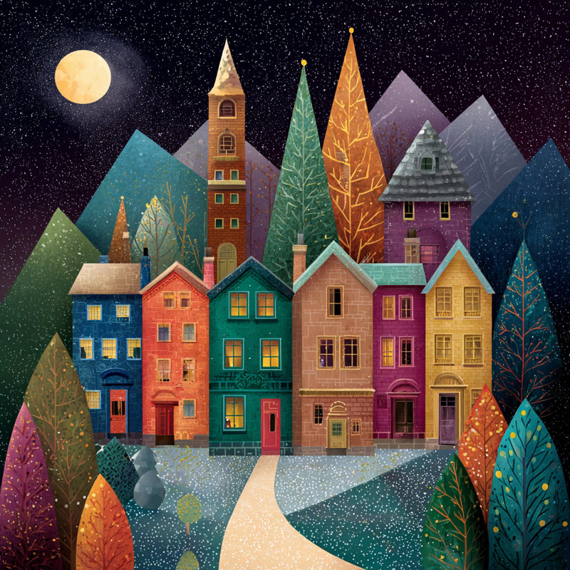 Art mural sur toile Moonlit Mountain Village, H 20 po x l 20 po