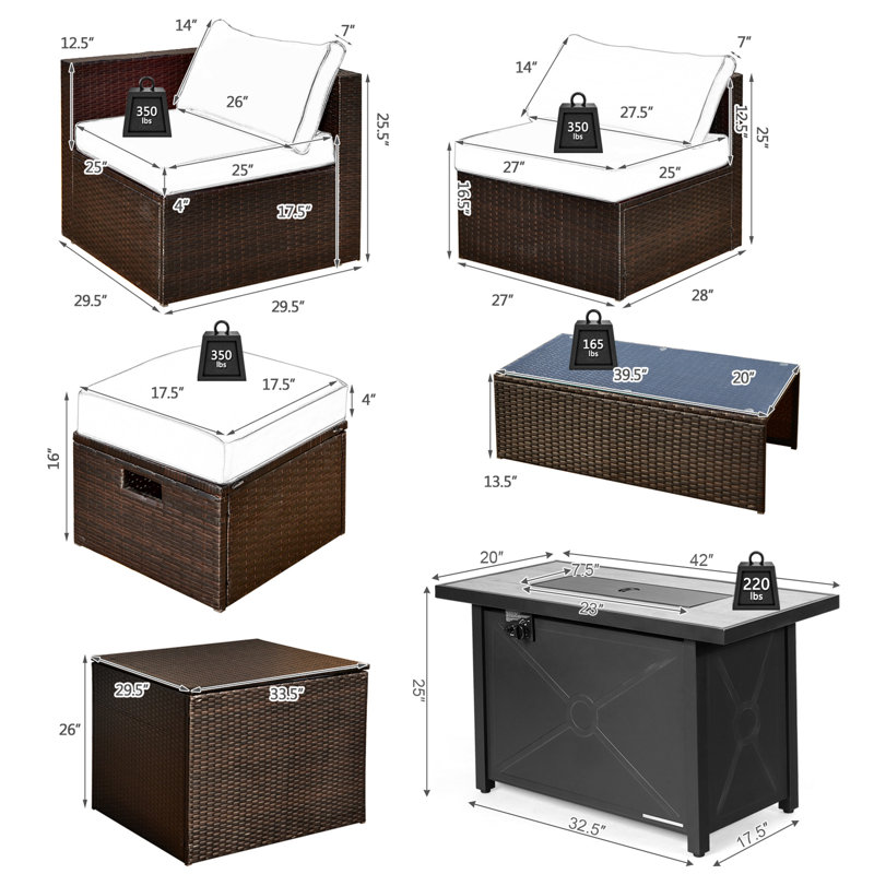 Ensemble de 9 meubles de patio pour l'extérieur avec ensemble de canapé modulaire en osier PE de 42 po, Rouge