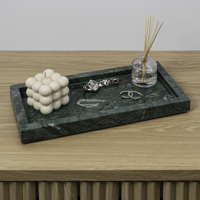 Luxe Stone 12" x 6" Classic Minimalist Rectangular Marble Bathroom Countertop Tray, Green Marble