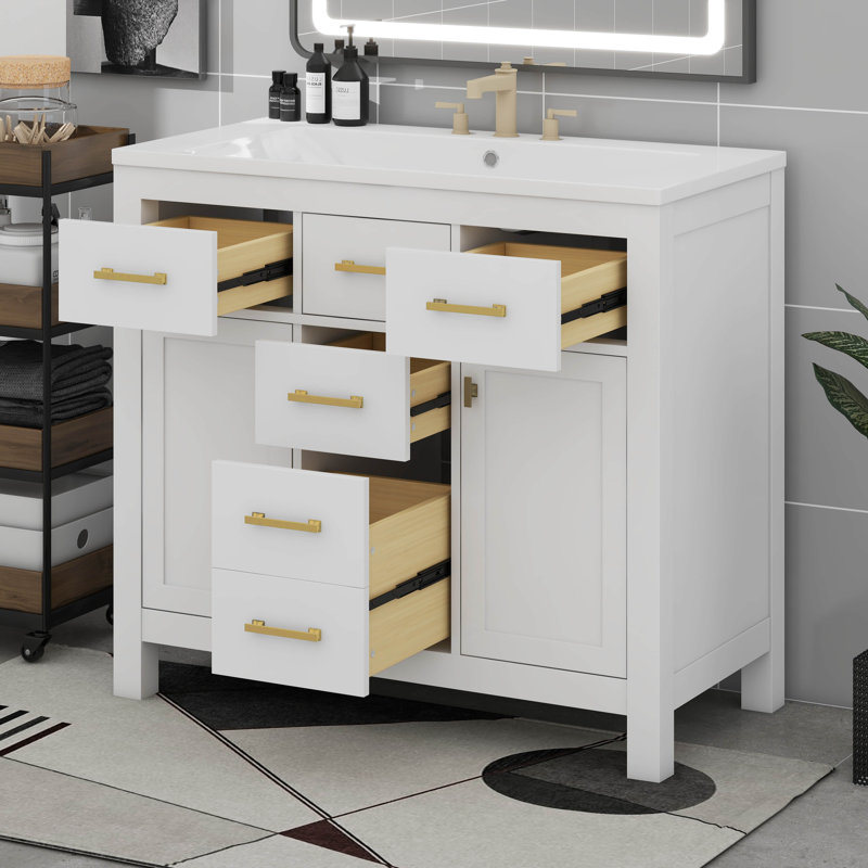 Ensemble de meuble-lavabo moderne 36 po avec 4 tiroirs et 2 portes, Blanc