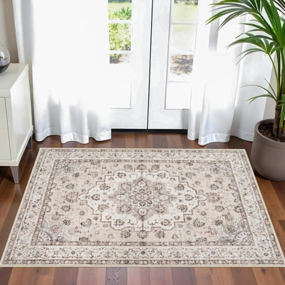 Washable Hallway Rugs: Oriental Non-Slip Kitchen Carpet Distressed Low Pile Indoor Rug for Bedroom Entryway Vintage Soft Non Shedding Floor Mat for Living Room Bathroom (Cream/Beige)