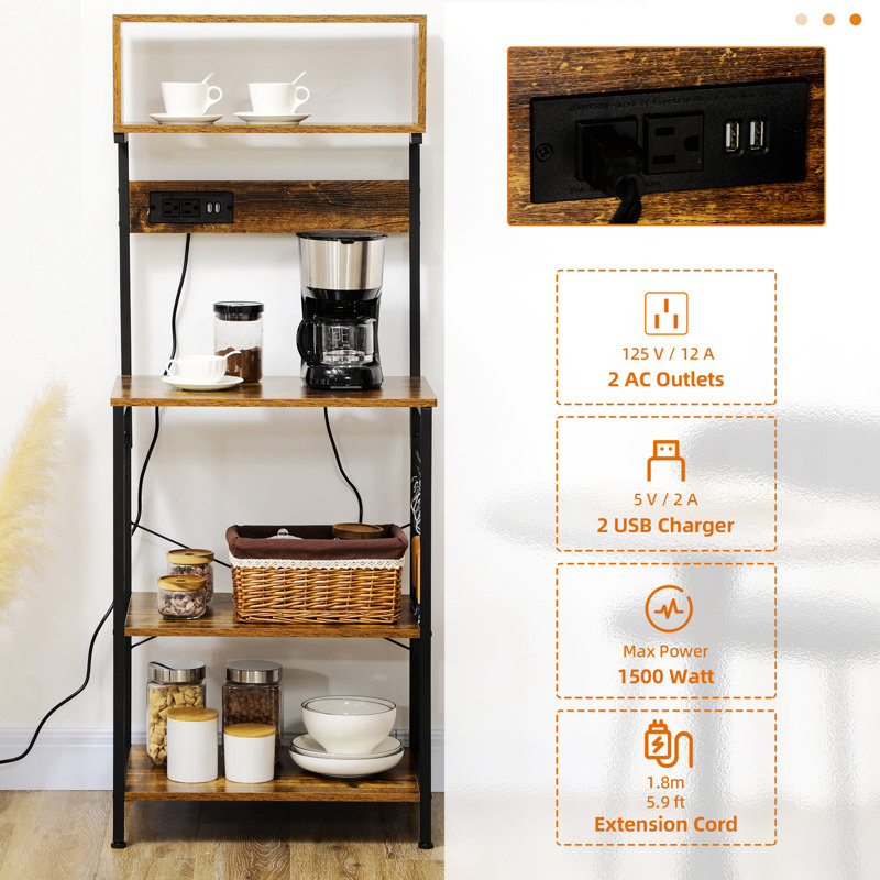 Rustic Brown Adjustable Kitchen Baker's Rack with Power Outlet