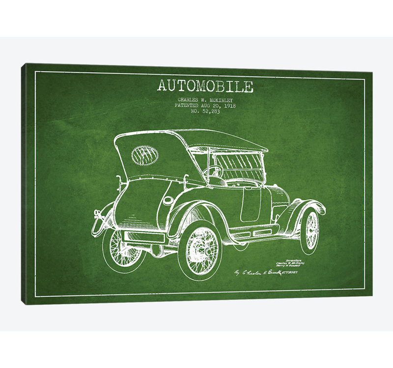 " Charles W. McKinley Automobile Patent Sketch (Green) " by Aged Pixel, 8" H x 12" W x 0.75" D, Wrapped Canvas, No Mat