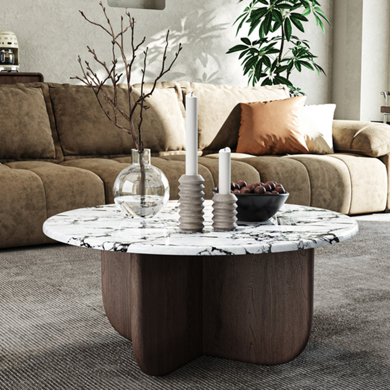 Table basse ronde en marbre crème, H 13,8 po x L 39,4 po x l 39,4 po, Brun