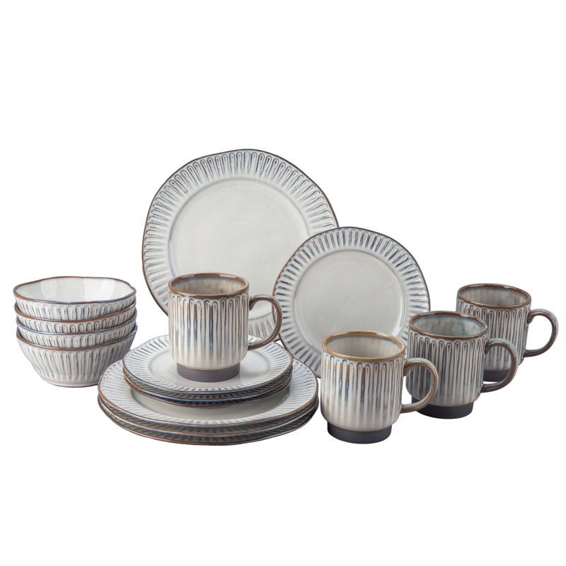 Reactive Glaze Ceramic 16-Piece Dinnerware Set in White and Brown