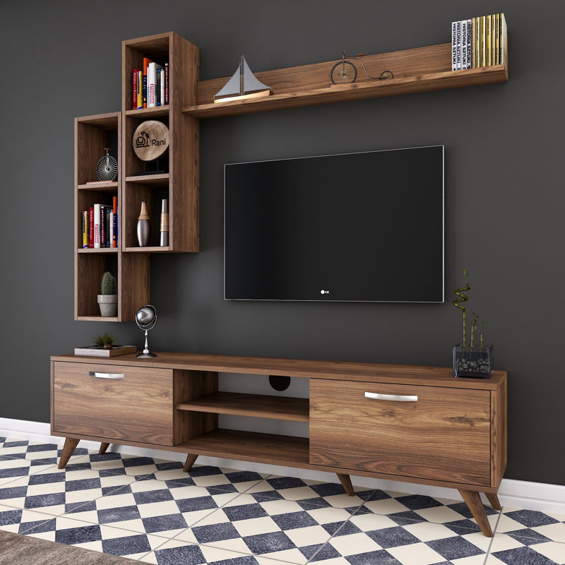 Meuble audio-vidéo pour téléviseur de 55 po ou moins Husnu, Noyer, 1 meuble télé, 1 tablette centrale et 1 tablette