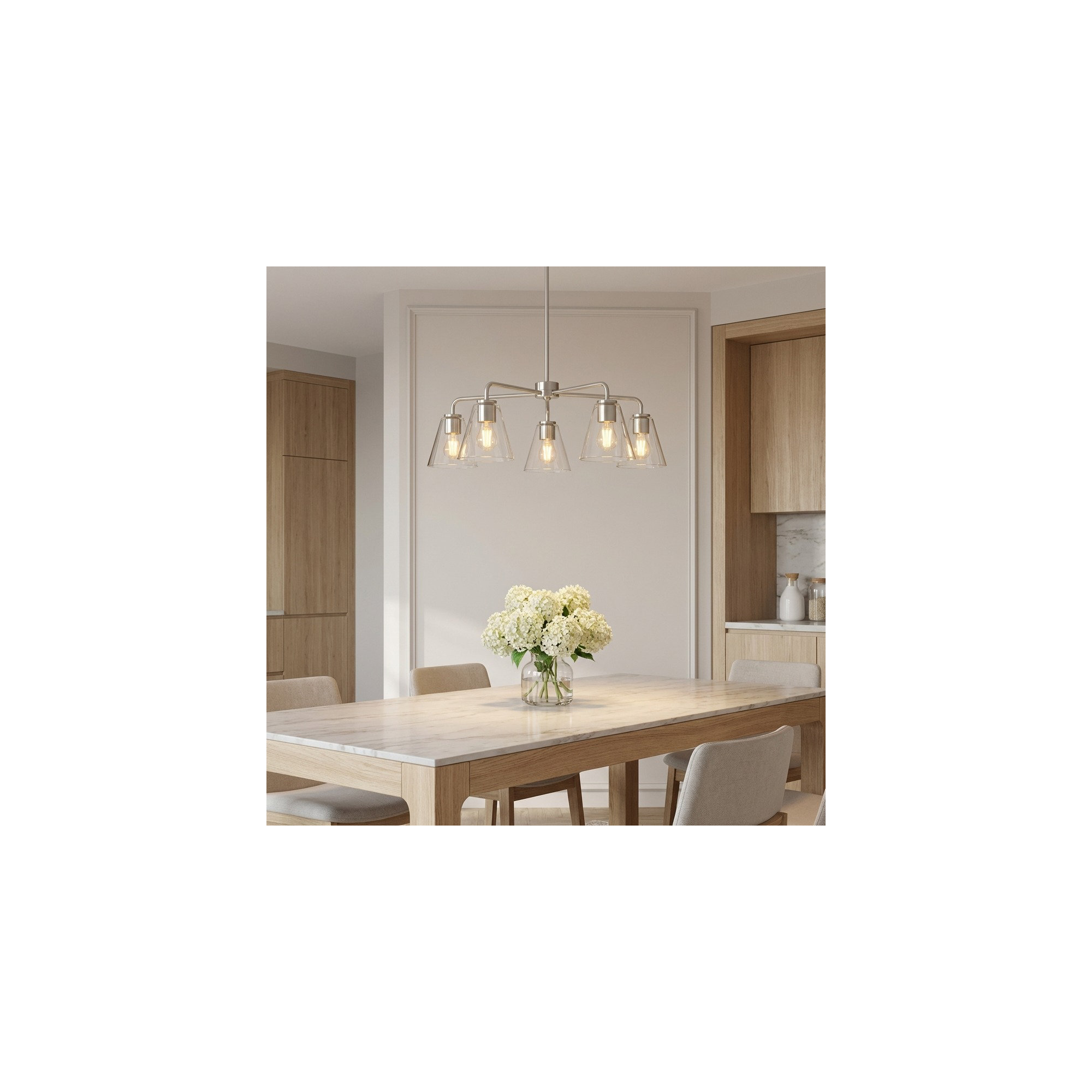 Hayden Five Light Chandelier, Brushed Nickel, Clear