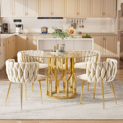 47.2" Round Glass Dining Table Set for 4, Modern Glass Kitchen Table with 4 Velvet Upholstered Chairs, 5-Pieces Table Set, Comfort for Kitchen Living Room Office