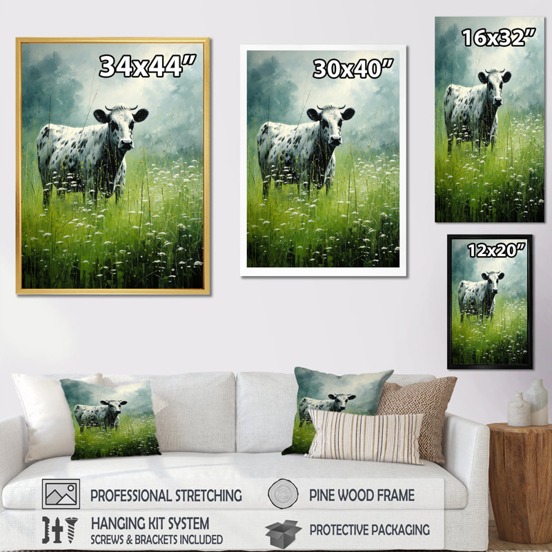 Cow in Verdant Pastures I, reproduction d'art sur toile, Cadre flottant noir, H 40 po x l 30 po x P 1,5 po