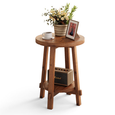 25.6" Round Solid Wood End Table, Natural Parquet Veneer