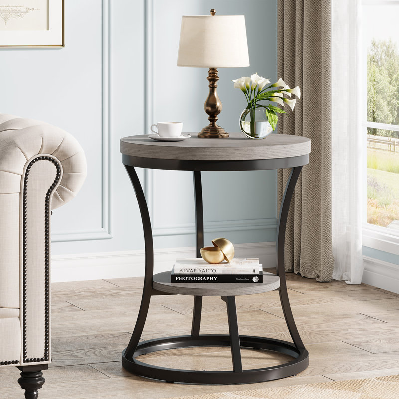 Judyne End Table, Round Side Table, Gray, Black