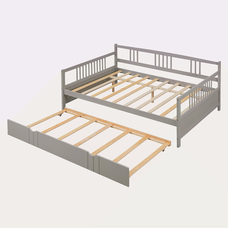 Daybed Wood Bed With Twin Size Trundle, Gray, Full