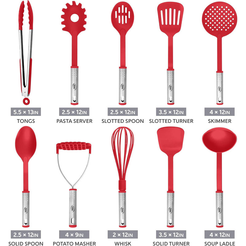 Ensemble de 10 ustensiles de cuisine Kaluns - Outils de cuisson en nylon et en acier inoxydable, accessoires de batterie de cuisine résistants à la chaleur, antiadhésifs, à cuillère et à cuillère