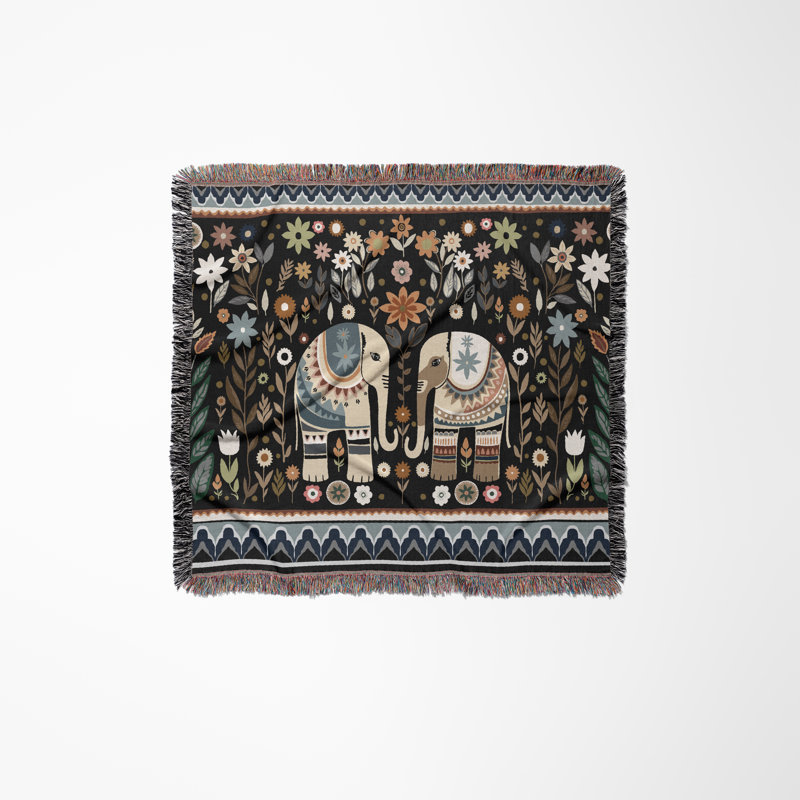 Jeté en mélange de coton Cece Elephant, L 60 po x l 50 po, Noir / bleu / beige