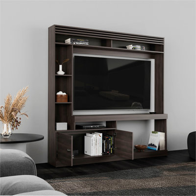 Meuble audio-vidéo autoportant de 71 po de large Dante, meuble télé, 8 tablettes, bibliothèque, armoire pour le salon, bureau personnel, salle multimédia Noyer foncé