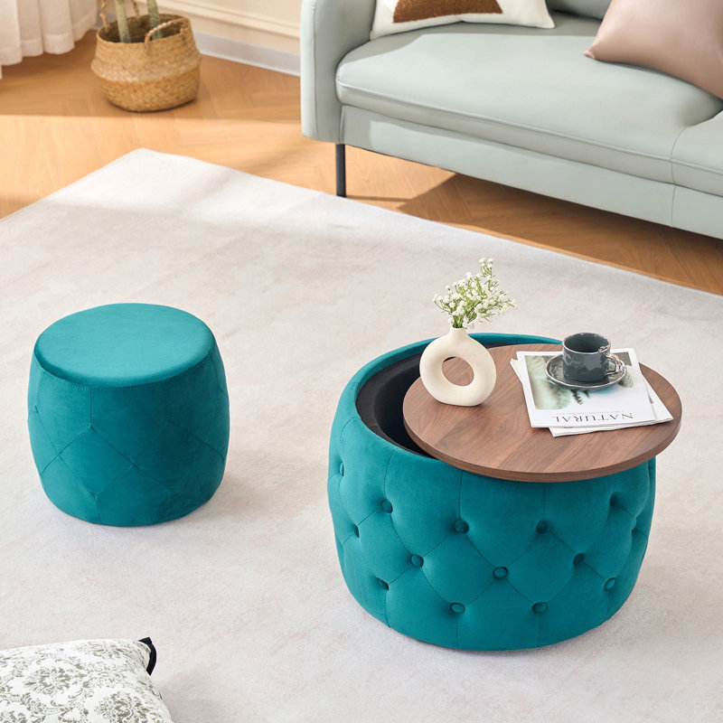 Luxueux repose-pieds gigognes en velours 2 fonctions 4 en 1 avec plateau en bois, aucun assemblage requis, Blue